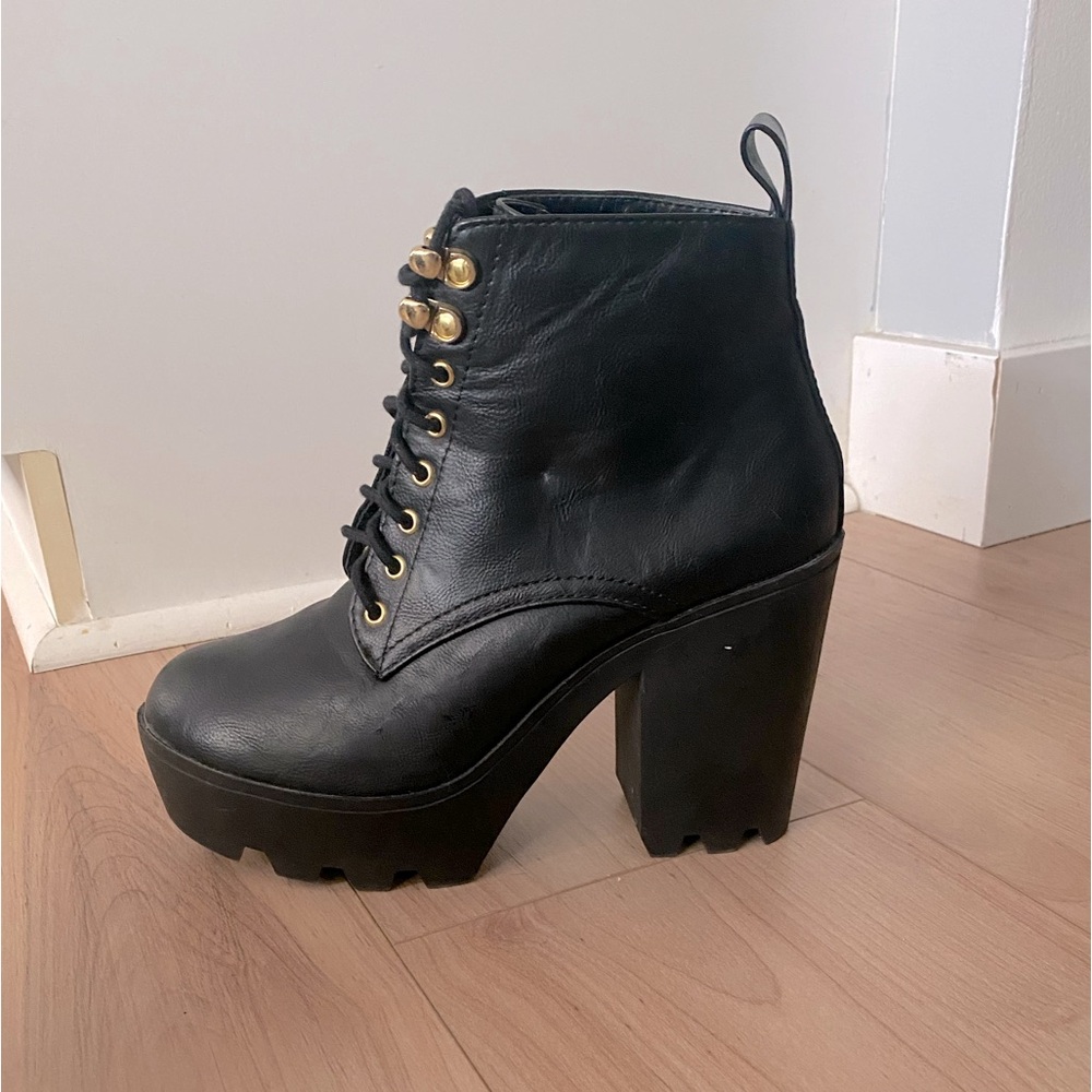 Black Platform Ankle Boots with Gold Accents